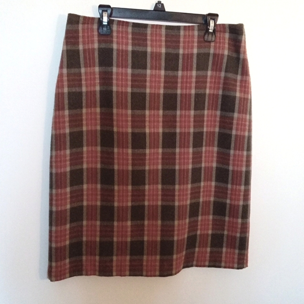 Vintage Studio London Women's Wool Blend Brown Plaid Midi Skirt Size 8